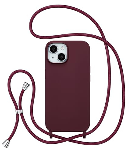 ZTOFERA Crossbody Lanyard Case for iPhone 15 (6.1), Wine Red | Liquid Silicone Phone Case with Strap, Adjustable Neck Cord Necklace, Soft Protective Cover, Portability, Anti-Drop