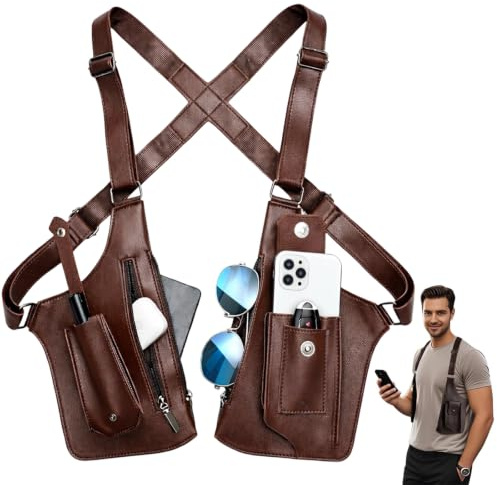 Holster Tasche Herren, Brusttasche Herren Für Vielseitige Nutzung, Doppel-Schultertache Aus PU-Leder, Robuste Herren-Schultertaschen Im Klassischen Braun, Brusttasche Für Reise, Business & Outdoor