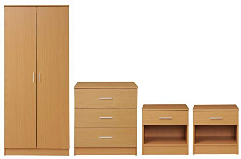 Timber Art Design 4 Piece Bedroom Furniture Set Wardrobe Chest Drawers 2 Bedside Table Beech
