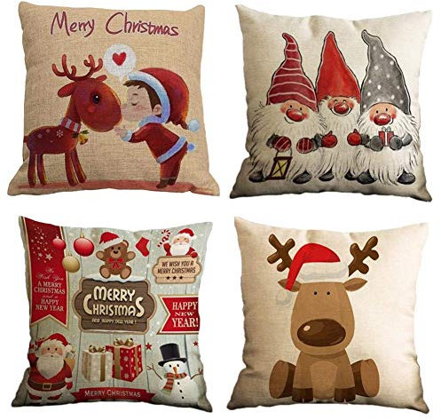 Gspirit 4 Stück Kissenbezug Frohe Weihnachten Dekorative Kissenhülle Winter Zwerge Elk Weihnachtsmann Muster Baumwolle Leinen Werfen Sie Kissenbezüge 45x45 cm