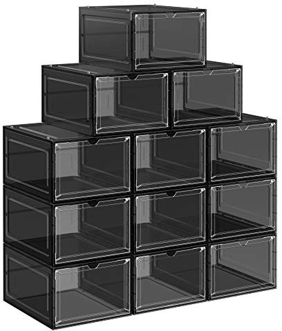 SONGMICS Schuhboxen, Schuh-Organizer aus Kunststoff, mit Tür, durchsichtig, 12er Set, stapelbar, einfache Montage, 34 x 25 x 18,4 cm, für Schuhe bis Größe 44, transparentes Schwarz LSP412B01