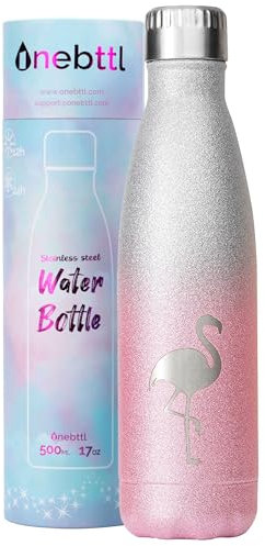 Onebttl Flamingo-Flasche, Geschenk für Frauen, 500 ml, Edelstahl, isoliert, rosa und silberfarbener Farbverlauf