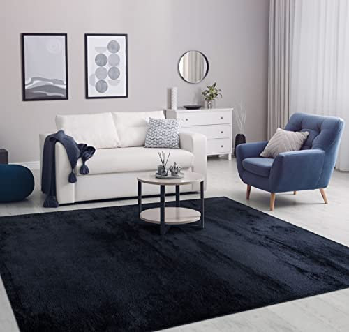 Paco Home Moderner Kuscheliger Wohnzimmer Teppich Kurzflor waschbar flauschig Weich Einfarbig Felloptik zeitlos stilvoll rutschfest pflegeleicht, Grösse:100x200 cm, Farbe:Navy-Blau