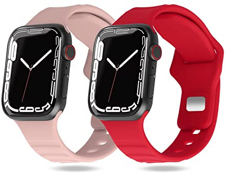 KOKOKA 2 Piezas Correas Compatible con Apple Watch Correa para iWatch 49mm 45mm 44mm 42mm, Correa Repuesto de Silicona Suave para Apple Watch Series Ultra 8 7 6 5 4 3 2 1 SE, Rosa/Rojo