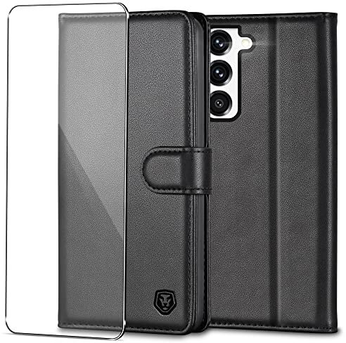 Handyhülle für Samsung Galaxy S23 Hülle mit Schutzfolie Premium PU Leder S23 Klapphülle Case Brieftasche Kartenfach Ständer Magnet Etui Handytasche Cover Schutzhülle für Samsung S23 5G - Schwarz