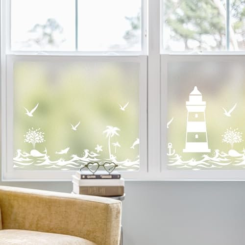 dktie Fensterfolie Blickdicht Sichtschutzfolie Fenster Milchglasfolie Muster des Leuchtturm und Meeres Statische Aufkleber ohne Klebstoff Wiederverwendbar Geeignet für Wohnzimmer 44.5x200cm, (02-2)