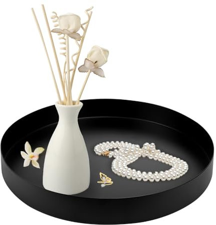 SLTAXAR Bandeja Negra Redonda 20 cm, Bandeja Decorativa Negro Mate, Bandeja Metálica Negra Redonda, Plato Decorativo Negro para Centro de Mesa, Bandeja Baño Decorativa Negra para Joyería Maquillaje