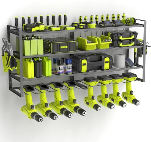 WELDUN Supporto per utensili elettrici a 4 livelli, per 8 trapani elettrici, sistema di organizzatore da parete con porta cacciavite laterale e ganci, per garage e officina