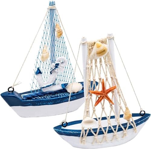2 PCS Mini Sailboat Decor, Wooden Miniature Sailing Boat Model, Nautical Theme Decoration for Bathroom