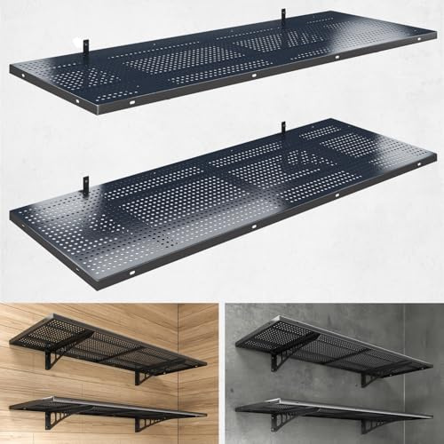 YIFRO 2-Pack 1.5x4ft Heavy Duty Garage Wall Shelving, 500 lbs Load Capacity, Garage Shelving Wall Mounted, Garage Storage Rack with Hooks, Black