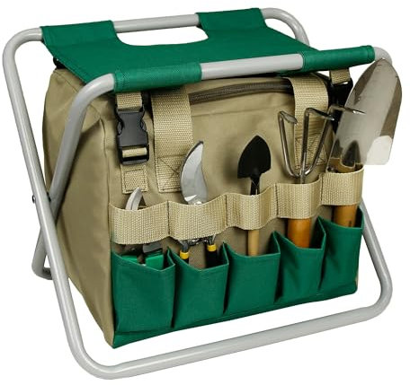 GeerDuo Klappbarer Gartenhocker mit abnehmbarer Aufbewahrungstasche, multifunktionales Gartenwerkzeug-Set, Organizer für Angeln und Camping, tragbarer Gartenstuhl, Sitz für Erwachsene (Grün + Khaki)