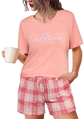 Leversic Pyjama Court Femme Été Coton, Haut Manches Courtes et Short | Léger et Confortable, Cet Ensemble d'Été en Coton Avec Haut Imprimé Cœur et Short Rayé Est Idéal Pour Dormir