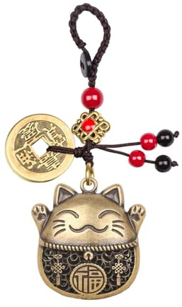 ALUNME Maneki Neko, portachiavi in ottone a forma di gatto portafortuna con monete Feng Shui, perline rosse e nere, ciondoli portafortuna tradizionali Feng Shui, decorazione per borsa, auto, casa