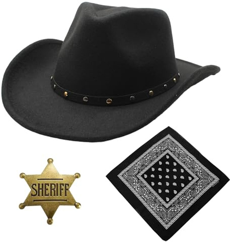 Cowboy Zubehör Set Western Cowboy Cosplay Kleidung Kit Schwarz Braun mit Hut Bandanas für Karneval Fasching kostüm Erwachsene Herren Damen Halloween Party, Kostümpartys, Mottopartys (Schwarz, Style 4)