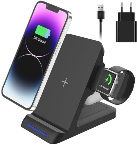 Wireless Charger, 3 in 1 Wireless Charging Station for iPhone 16 15 14 13 12 11Series, Phone and Watch Charger Stand for Apple Watch Ultra/10/9/8/7/6/5/4/3/2/SE, AirPods Pro/4/3/2