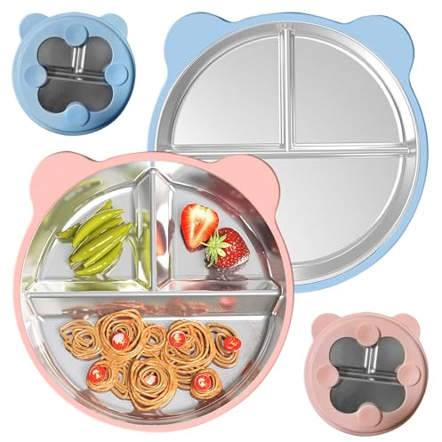 Geentargetel 2 assiettes pour bébé avec ventouse, sans BPA, plaque en acier inoxydable pour bébé, assiettes pour enfants avec coque en silicone amovible (rose + bleu ciel)