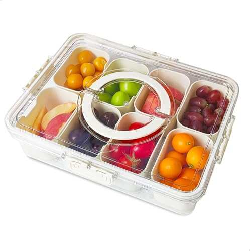 Snack Box con 8 Compartimentos - Caja de aperitivos con Tapa y Asa - Cuencos Aperitivos de PP, Apto para Lavavajillas - Bandeja de Aperitivos con Tapa, Bento Box para Picnic, Cocina, Snacks, Frutas