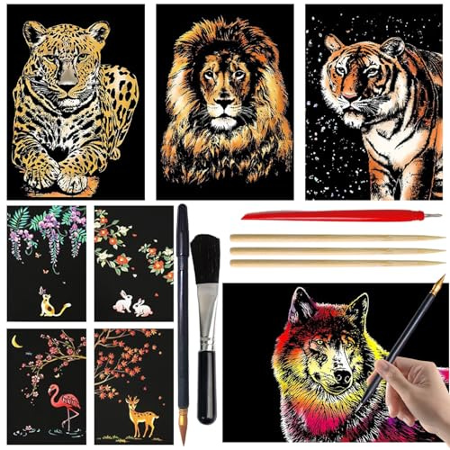 VLYX Set da 8 Disegni da Grattare per Adulti & Bambini, Arte in Foglio con Strumenti, Serie Animali (Formato A4/A5)