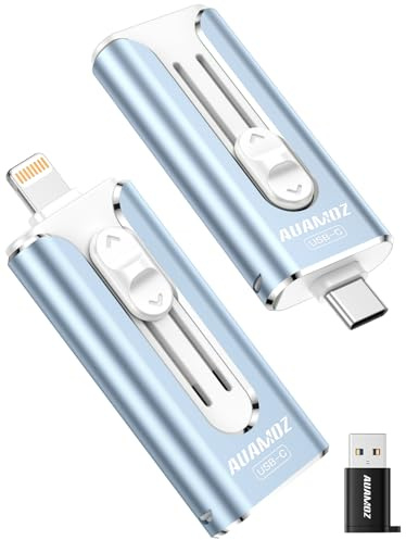 AUAMOZ 256GB Mini Dual Interface Flash Drive, USB-C & USB-L, Portable Memory Stick Compatible with iPhone 17/16/15/14/13/12/11, iPad, Android & PC, Easy to Save Photos, Videos & Files (Mist Blue)