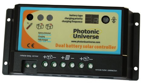 10A dual battery solar charge controller / regulator for motorhome, caravan, boat or any system with two 12V / 24V batteries or battery banks