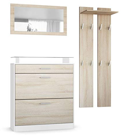 Vladon Garderobe Loret mini, Garderobenset bestehend aus 1 Schuhschrank, 1 Wandspiegel und 2 Garderobenpaneele, Weiß matt/Eiche Sägegrau
