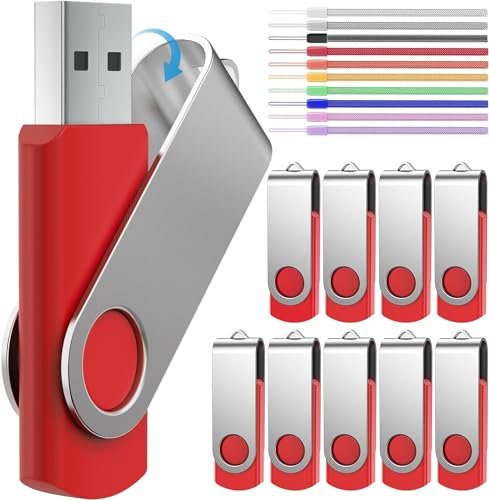 FEBNISCTE USB-Stick 512 MB 10er Pack Speichersticks - Kleine Kapazität Metall 512MB USB 2.0 Memory Sticks Rot Pendrive - Rotate Pendrive mit Handgelenkseile Flash Drive Werbegeschenke