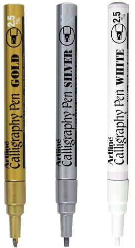 Artline Metallic Calligraphy Set (Pack of 3) | Gold, Silver and White Calligraphy Pens for Writing & Illustration, 2.5mm Nib