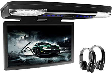 XTRONS 15.6Car Overhead DVD Player, Ultra-thin Auto Roof Flip Down Monitor Support 180° Wide Screen 1080P HD Digital HDMI Port for Coach Van, 2 PCS IR Headphones Included