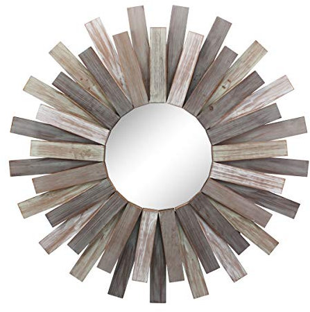 Stonebriar Large Round 31.3 Wooden Sunburst Hanging Wall Mirror with Attached Hanging Bracket