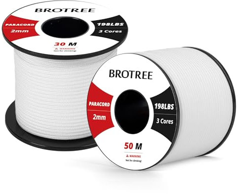 Brotree 2mm Paracord 3 Strands 30M 100% Nylon Rope Parachute Cord for Outdoor, Craft, DIY - 90kg Breaking Load (White)