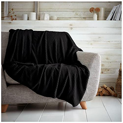 GC GAVENO CAVAILIA Waffle Popcorn Single Throw - Honeycomb Textured Blanket for Sofa and Bed | Lightweight, Fluffy, Easy Care Bedspread | Cosy, Warm Decorative Throw for All Season, Black, 130x150 cm