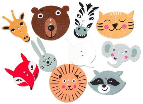 100 Stück Holzknöpfe bunte Tierköpfe 2,2cm-3cm im Mix - Zweiloch - Knöpfe Knopf Holzknopf zum annähen nähen aufnähen scrapbooking Bastelknöpfe Kinderkleidung