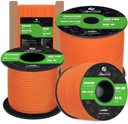 Abma Cord Paracord 2mm 50m 100% Nylon Seil Typ I Schnur mit 1 Kern Allzweckseil - Max. 45kg (100lbs) - Orange