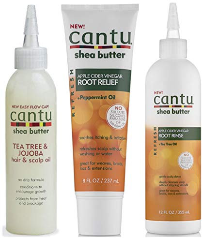Cantu Tea Tree & Jojoba Hair & Scalp Oil 6oz with Apple Cider Vinegar Root Relief 8oz & Apple Cider VinegarRoot Rinse 12oz