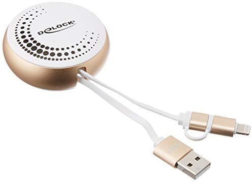 DeLOCK USB 2.0 2 in 1 Aufrollkabel Typ-A zu Micro-B und Lightning 8 Pin weiß/Gold