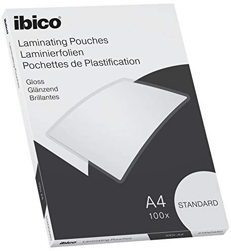 Ibico Basics Laminierfolien A4 Standard, 100 Stück, Glänzende Heißlaminierfolien, Abgerundete Ecken, Transparent, Kristallklar, Ideal für Schule oder Büro, 627310