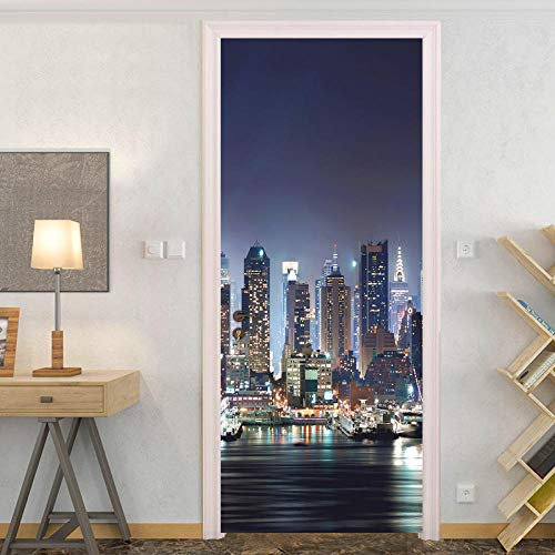 CBWRAW 3D Autocollants De Porte La Ville De New York Art Mur Muraux Poster pour Intérieure Salon Chambre Cuisine Salle De Bain Decoration Auto-Adhésif Imperméable Amovible Autocollants PVC 77X200cm
