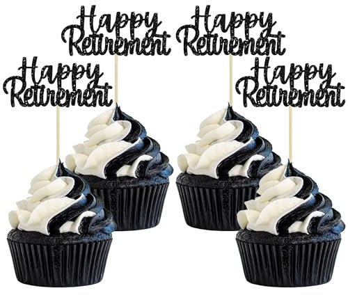 Gyufise Black Glitter Happy Retirement Cupcake Toppers Retired Cake Decorations for Retirement Party Cake Decorations 36 Pack