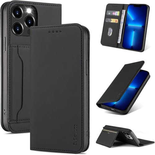 S. Dawezo Handyhülle für iPhone 13 Pro Max Hülle,Premium Leder Klappbare Flip Case [Stoßfeste][Magnetische][Standfunktion] [Kartenfächern] Tasche Schutzhülle für iPhone 13 Pro Max-Schwarz