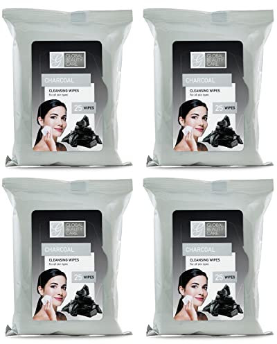 Global Beauty Care 4 x Pre Moistened Charcoal Cleaning Wipes Makeup Removal Wipes Ideal for Travel Toilet Items 100K (4-Pack)