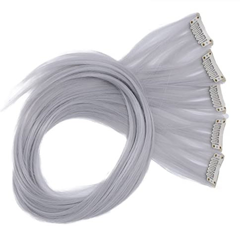 CAISHA 5 Teile Set 60cm Bunte Strähne Strähnchen Clip in Extension Haarverlängerung Glatt Langhaar Haarteil Grau BST117
