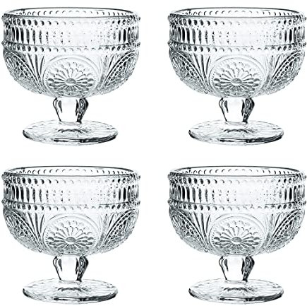 CHOOLD Vintage Sunflower Embossed Glass Footed Dessert and Salad Bowl - Ice Cream and Trifle Bowl for Home, Party, Wedding - 9 oz, Transparent, Set of 4