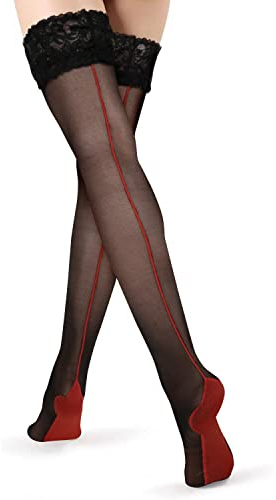 Benefeet Sox Womens Back Seam Thigh High Stockings Lace Top Black Sheer Stockings Red Cuban Heel Sexy Silk 20 Denier Stay Up Hosiery, Black Back Seam Red Cuban Heel