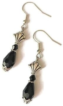 Art Deco Fan Earrings Handmade with Jet Black Glass Crystal Beads in Antique Silver, Pierced or Clip On by LovesVintage43
