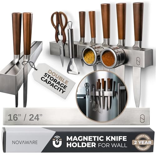 16 Magnetic Knife Holder for Refrigerator with 2x Storage - Safe, Patented Storage Design - Stainless Steel Double Sided Magnetic Kitchen Knife Holder for Fridge - Magnet Strip Utensil Organizer