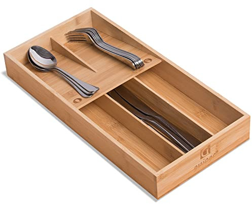 guiogc Bamboo Silverware Organizer, Kitchen Silverware Drawer Organizer, Utensil Tray Holder, Cutlery Tray for Spoons, Forks, Knives