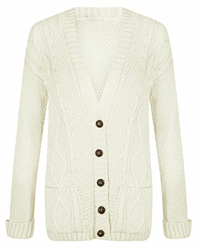 LUXFAB New Womens Everyday Long Sleeve Button Top Ladies Chunky Aran Cable Knit Grandad Cardigan UK Size 8-26 Cream