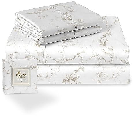 Pizuna 100% Cotton Taupe Print Single Bed Sheets Set 400 Thread Count | Carrara Marble Long Staple Cotton Printed Bedding Sets Includes 1 Fitted Sheet Flat Sheet Pillowcase