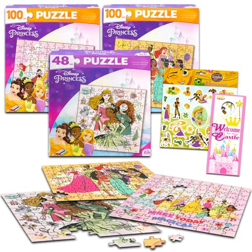 Disney Princess 3er-Pack Puzzles für Kinder, 100 & 48 Teile, Aktivitätsset mit Bonusaufklebern, ab 3 Jahren