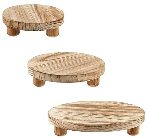 Qivine 3er Set Blumenhocker Holz, Runder Pflanzenhocker Outdoor 15/20/25cm, Naturholz Holzhocker Pflanze für Terrasse, Garten, Wohnen